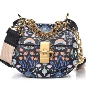 Chloe Calfskin Floral Print Drew Bi-Color Shoulder Bag Full Blue